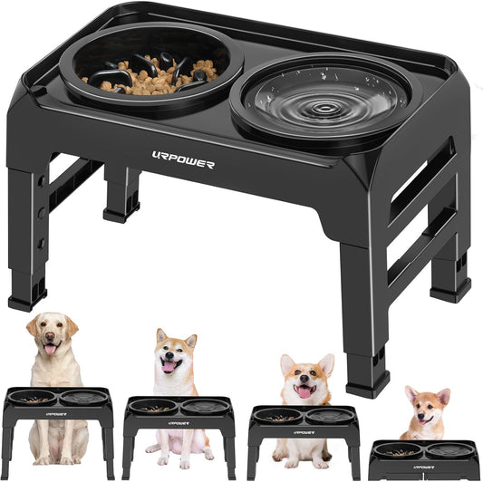 URPOWER 2-in-1 Elevated Dog Bowls Mess Proof Slow Feeder with No Spill Water Bowl 4 Height Adjustable Raised Dog Bowl Non-Slip Food and Water Bowls Set for Small Medium Large Dogs