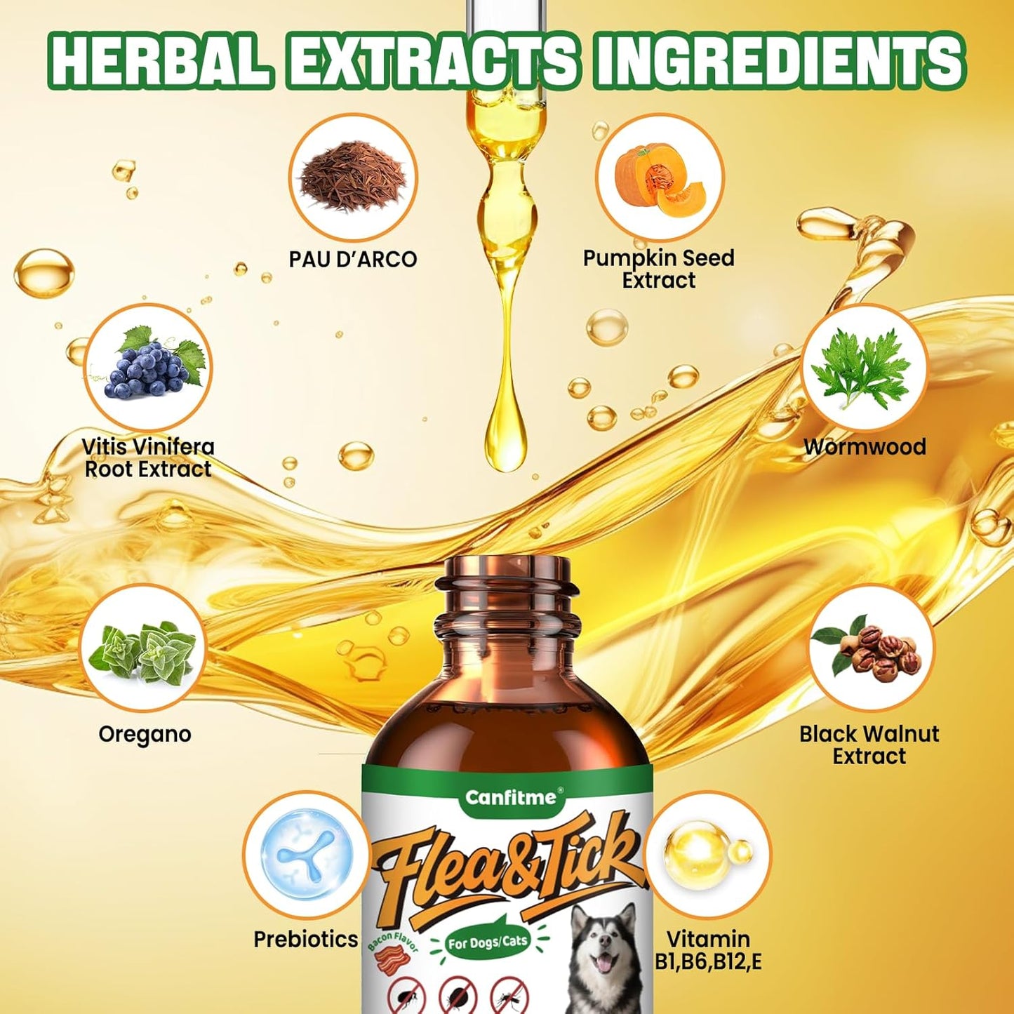 Natural Oral Flea and Tick Prevention for Dogs and Cats, Bacon Flavor Liquid Drops with Multivitamin-Flea and Tick Treatment and Defense Supplement for Pets of All Breeds and Ages