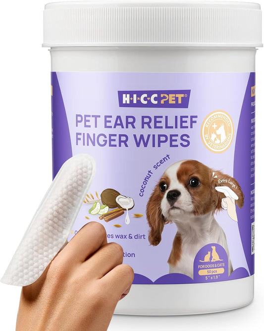 HICC PET Ear Cleaner Finger Wipes for Dogs & Cats, Vet-Recommended Dog Ear Infection Treatment to Relief Itching & Inflammation, Remove Wax, Dirt & Stop Smelly, Non-Irritating, 50ct(Coconut Scent)