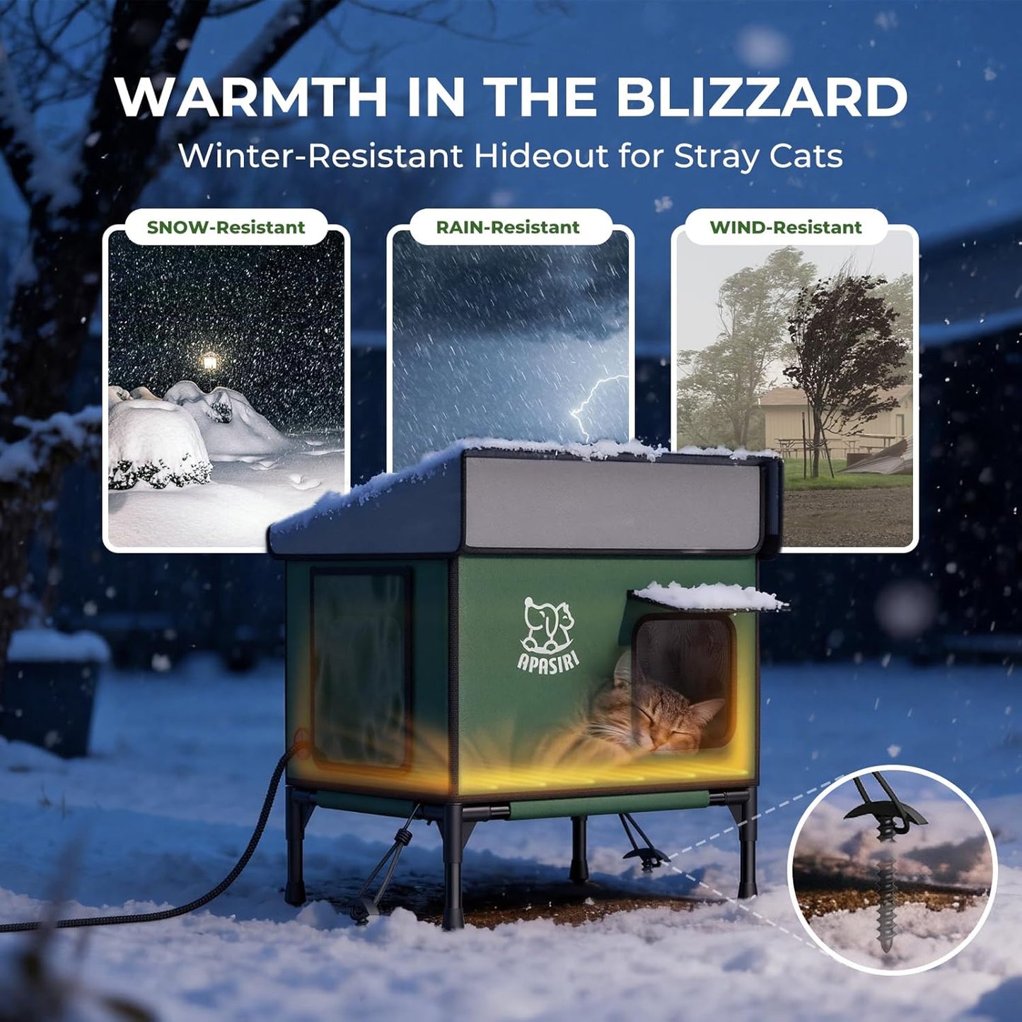 Apasiri Heated Cat House for Outdoor: Weatherproof Outside Cat Shelter, Insulated Cat House Outdoor with Heated Pad, Sloping Roof & Escape Door, Elevated Base for Stray Cats, Small