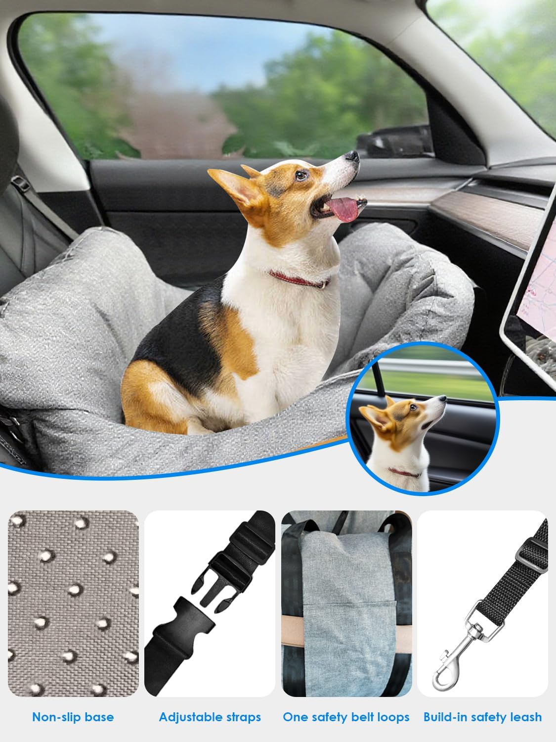 Small Dog Car Seat - Portable Booster carseat with Harness,Detachable Washable Dog Booster Seat Under 19lbs Fits Front & Rear Seats, Soft Pet Car Bed with Storage Pockets and Safety Belt for Travel.