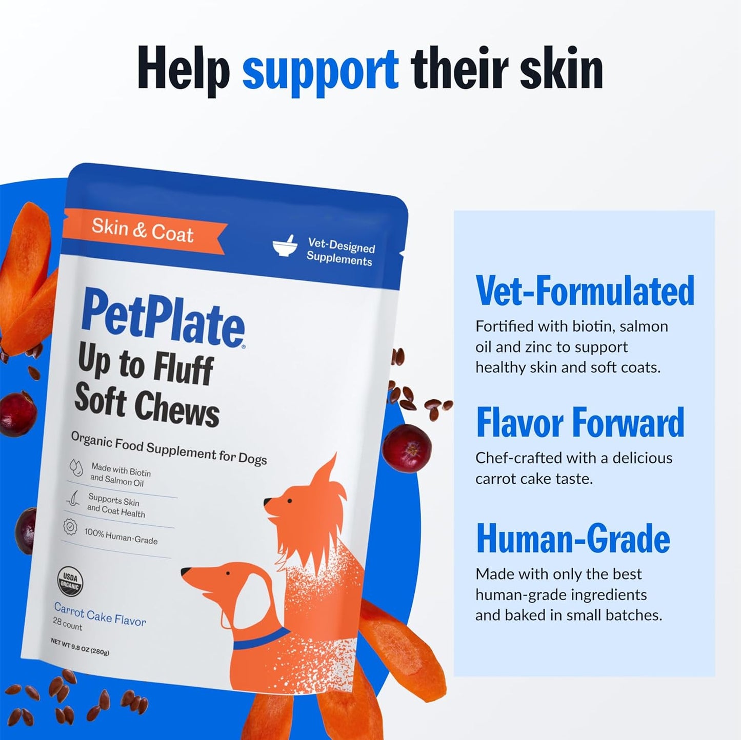PetPlate Up to Fluff Soft Chews for Dogs, Skin & Coat Support, USDA Organic Supplement, Grain-Free, Human-Grade, Includes Salmon Oil and Biotin, Pet Supplies (Pack of 1, 9.8 Ounce)