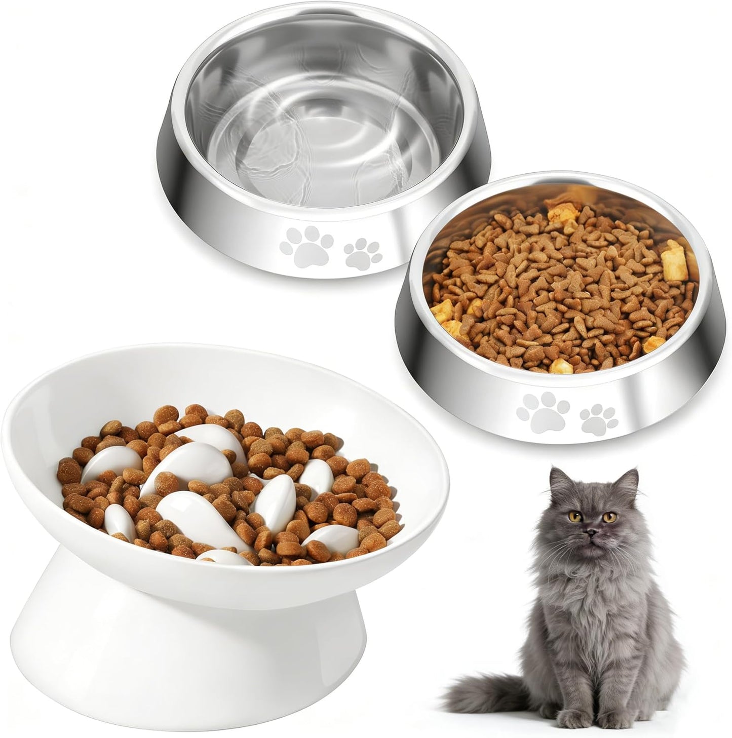 PETTOM Slow Feeder Cat Bowl Elevated, Anti Vomiting for Dry and Wet Food,2Pcs Stainless Steel Cat Food Bowls with Non-Slip Rubber Base