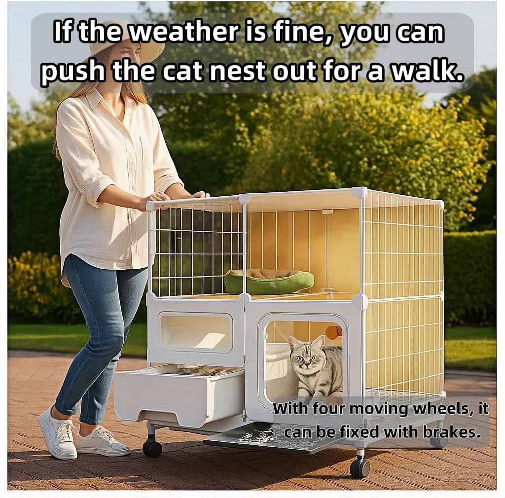 cat cage Indoor with Litter Box, Complimentary Cat Bed, Bowl,Cleaning Three Piece Set,Large cat Enclosure, Cat House with Wheels Outdoor，Small Animal cat Kennel (41.8″(L) x18.1″(W) x46.1″(H))