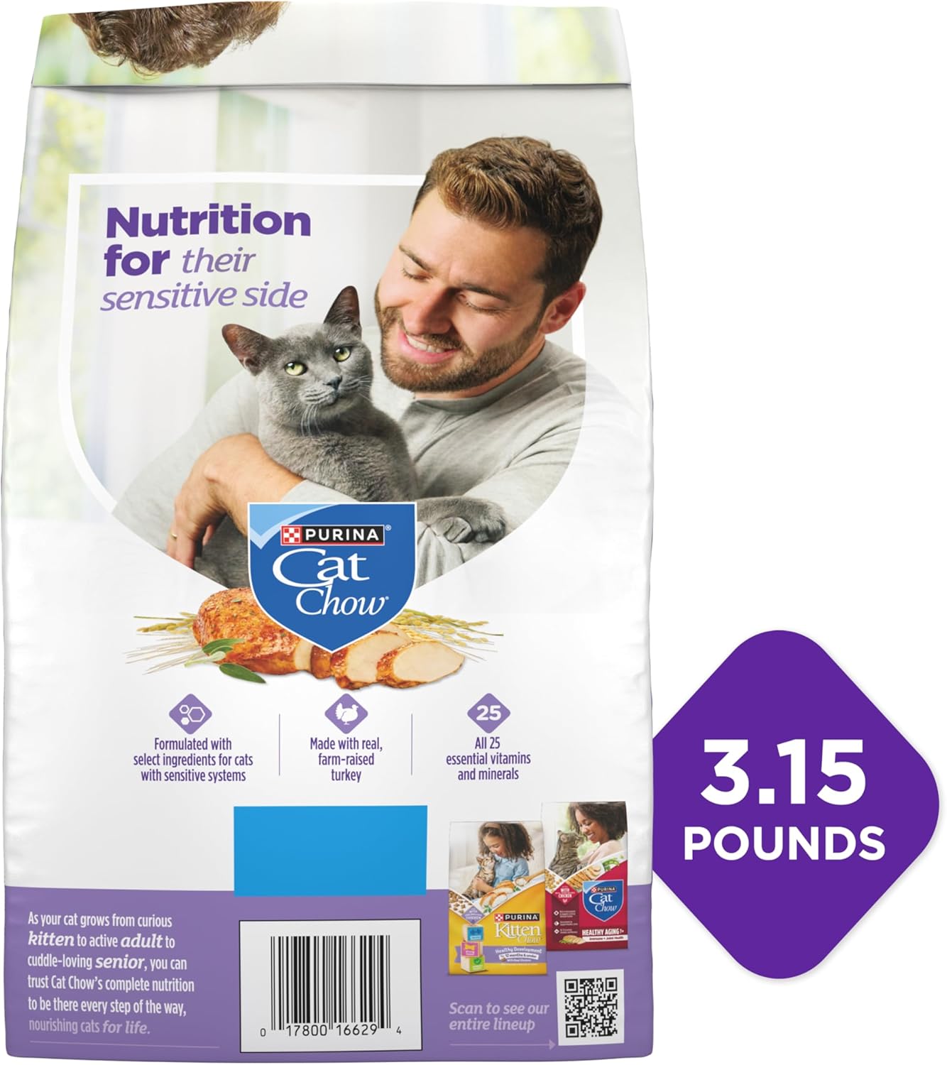 Purina Cat Chow Gentle Sensitive Stomach and Skin Dry Cat Food with Turkey - (Pack of 4) 3.15 lb. Bags