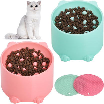 2 Pcs Raised Slow Feeder Cat Bowl, Plastic Elevated Cat Slow Feeder Bowl with Anti-Skid Mat, Raised Slow Cat Feeder for Dry and Wet Food (Green＆Pink)