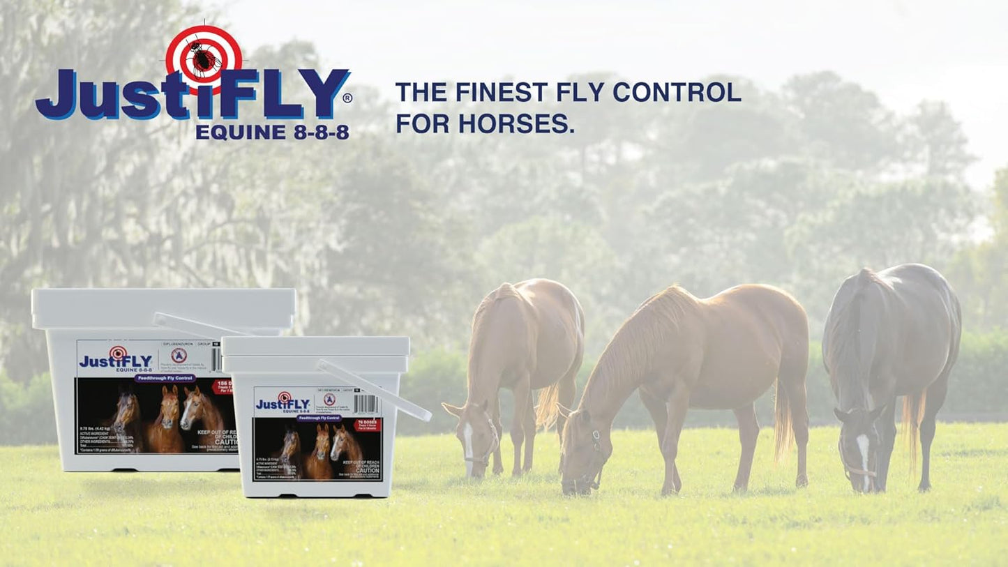 JustiFLY Equine 8-8-8 Feedthrough Fly Control Formula for Horses (4.75 lb) – Complete Protection from Stable, Horn & House Flies, Dung Beetle Safe