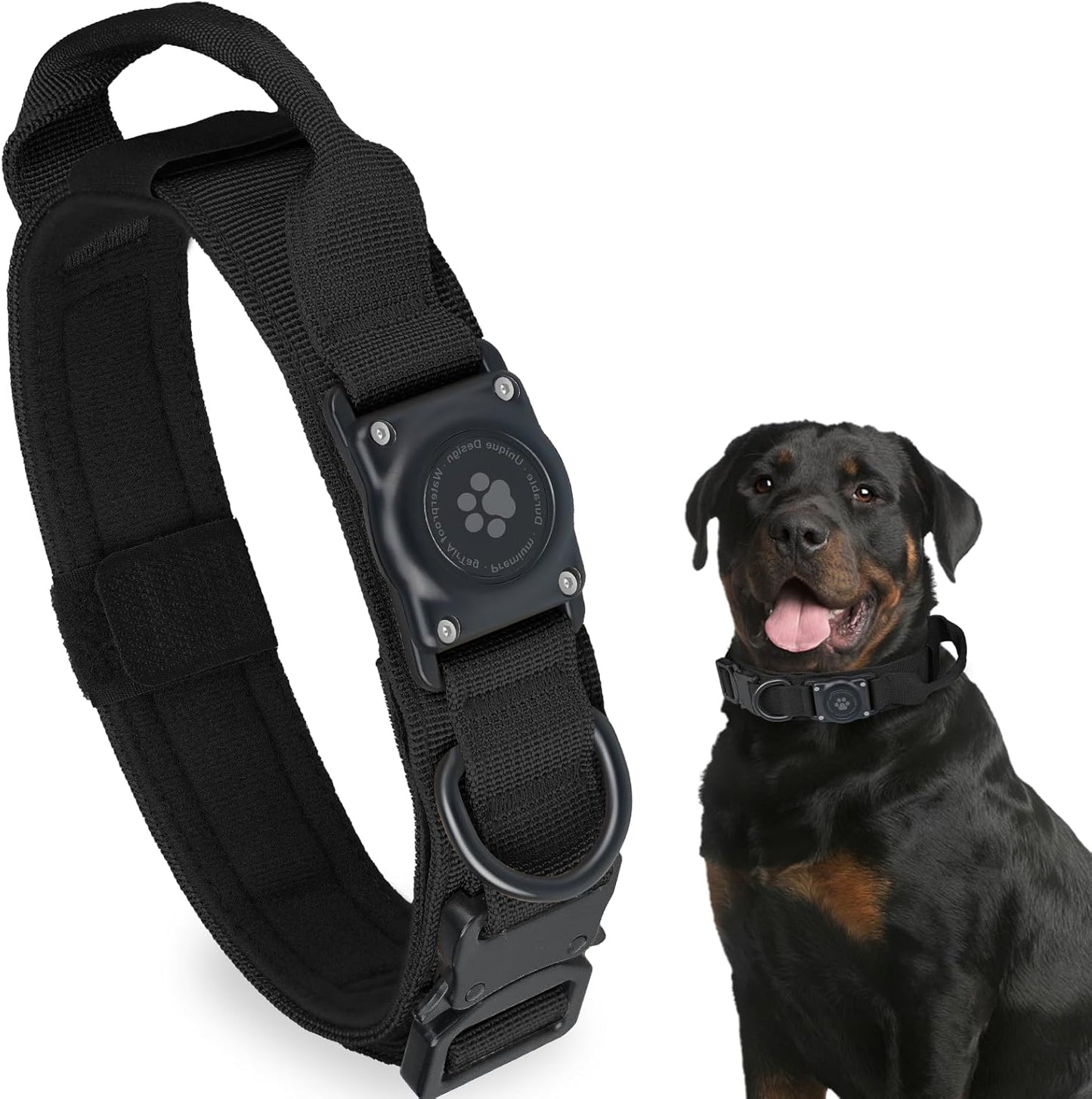 Tactical AirTag Dog Collar, 100% Waterproof Integrated Apple Air Tag Dog Collars with Hard PC AirTag Holder, Adjustable Military Collar with Handle, GPS Dog Collar for Medium Large Dogs (L, Black)