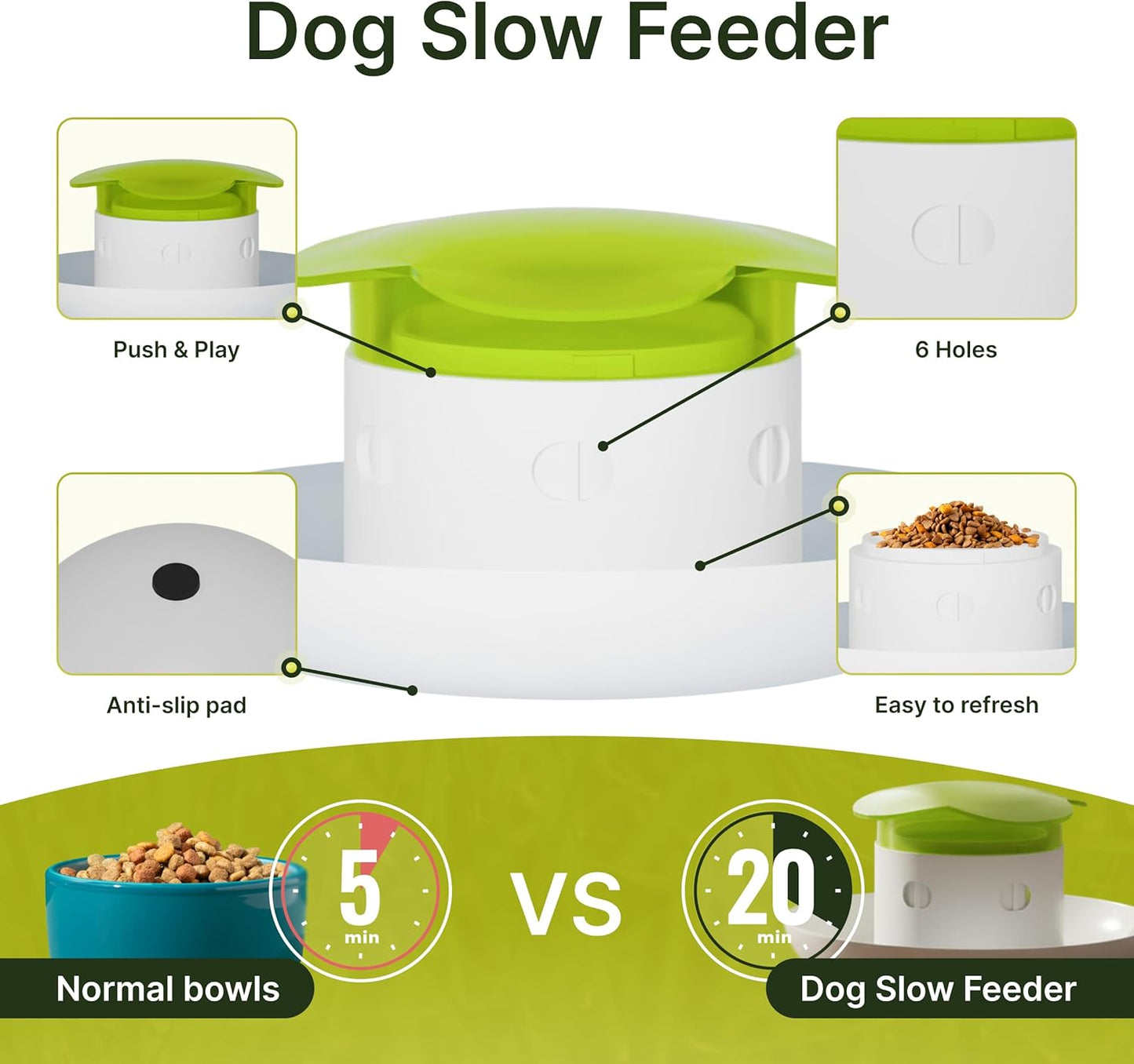 Dog Slow Feeder Bowl – Interactive Puzzle Feeder for Dogs – Fun Eating Game to Slow Down Fast Eaters – Non-Slip Design – Food & Water Bowl for Small, Medium & Large Dogs – Green