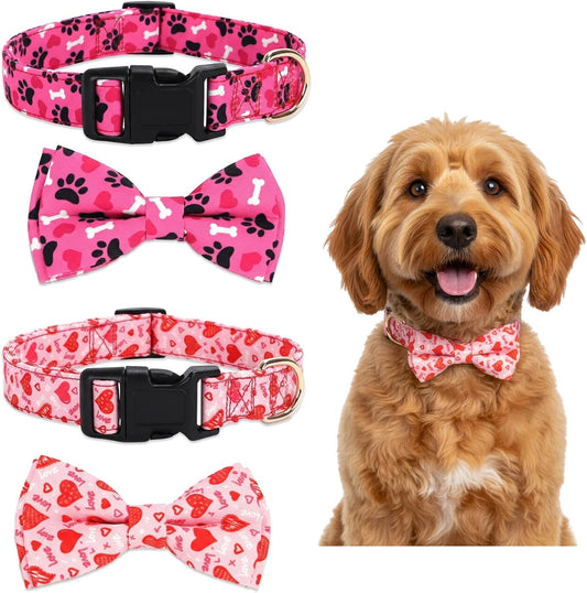 2 Pcs Valentines Dog Collar with Bow Tie Red Hearts Cute Pink Dog Collar Adjustable Safety Breakaway Buckle Soft for Small Medium Large Boy Girl Puppy Pet Dog Bows Removable Bowtie Cute