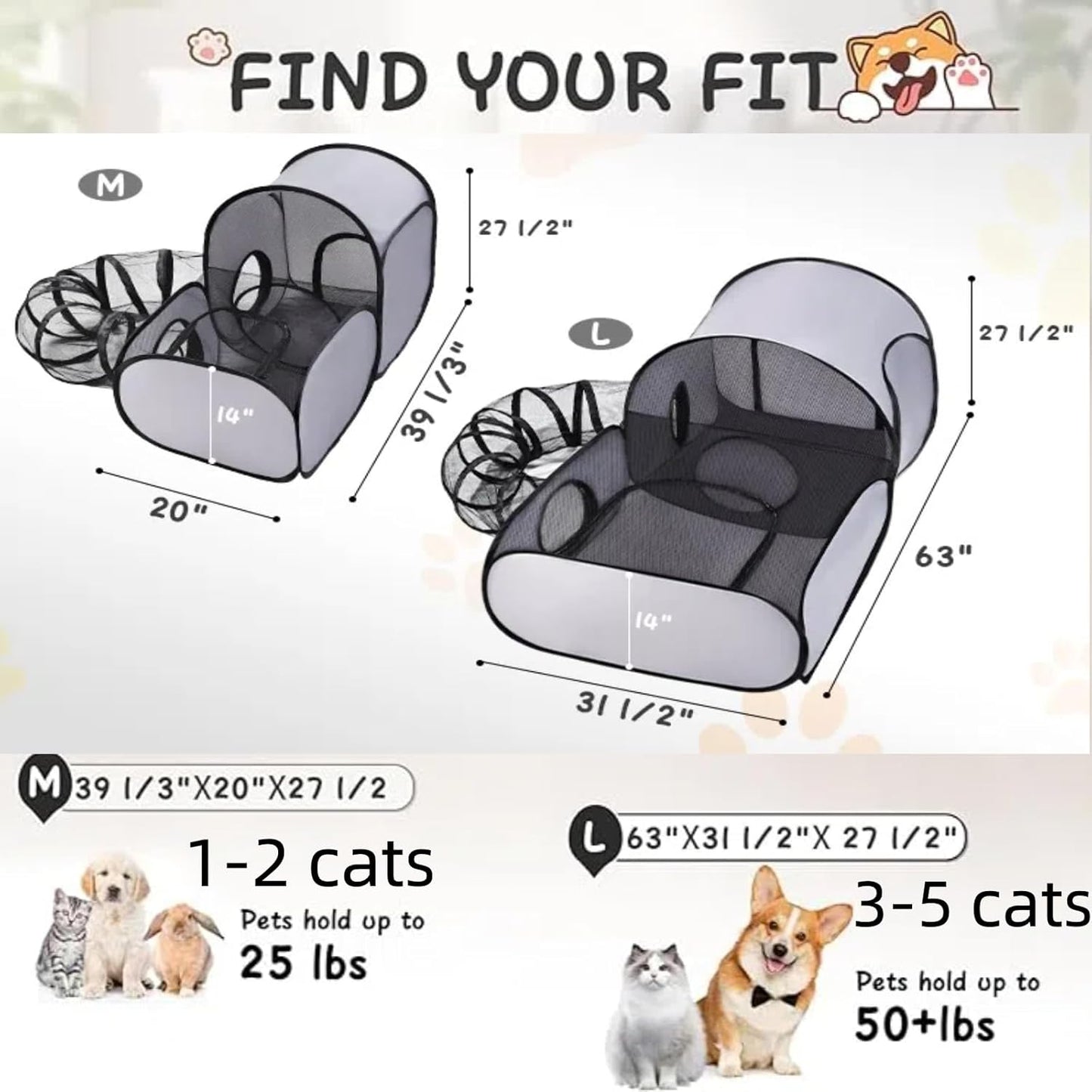 Pet Playpen with Surround Tunnel, Outdoor/Indoor Cat Playpen with Breathable Soft Sides，Tailtastic Cat Enclosure Tent for Small Animals, Portable Tent with Carry Bag (Medium)