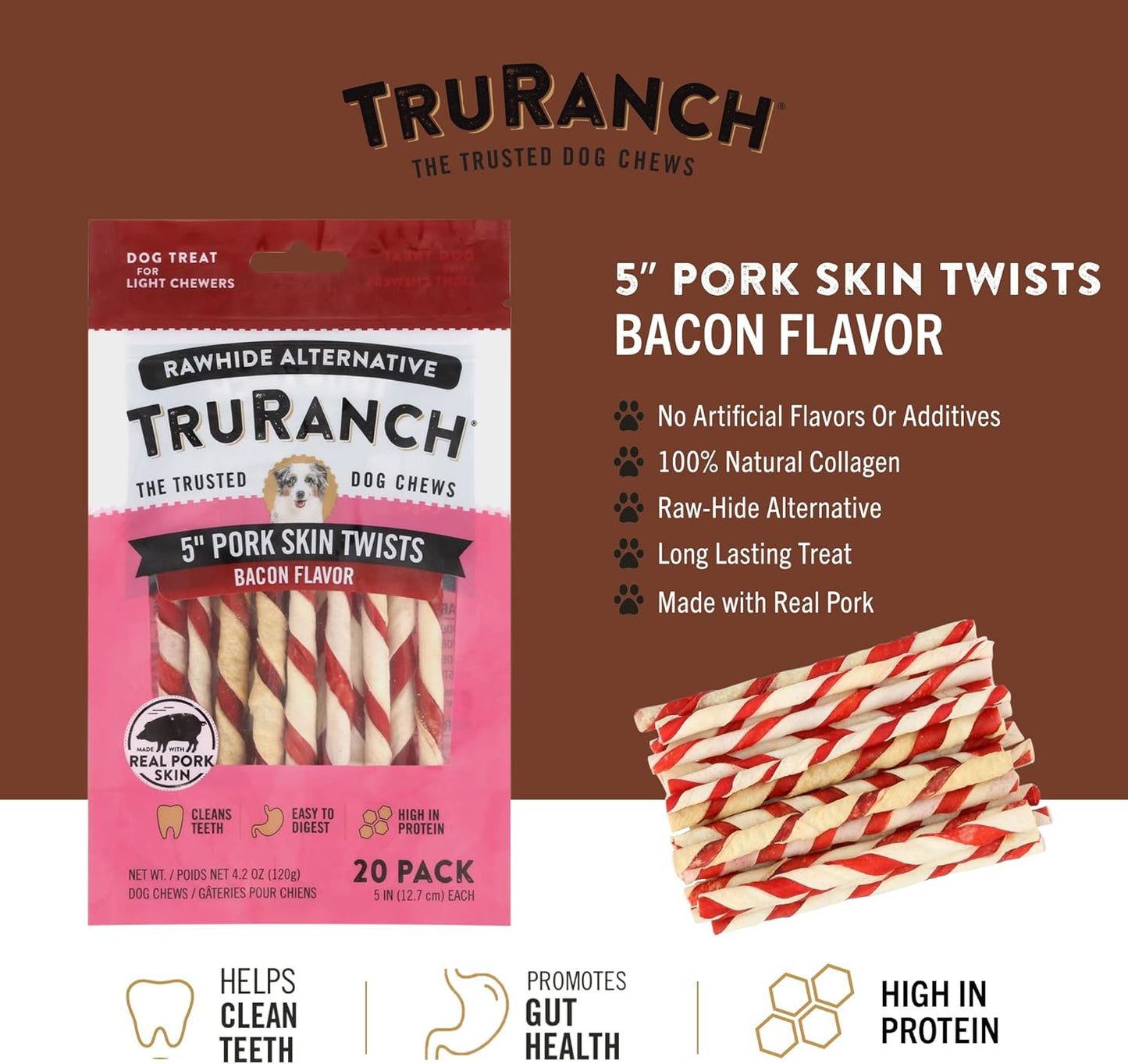 TRURANCH 5" Pork Skin Twists - Collagen Chews for Dogs - Bacon Flavor - Made with Real Pork Skin - Rawhide Alternative - Limited Ingredient - Easy to Digest Treat, 1 Bag, 9 Count