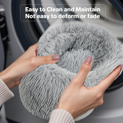 Cat Bed - Calming Cat Bed for Small Kittens Donut Washable Round for Indoor Kittens and Puppies, Anti-Slip Round Fluffy Plush Faux Fur, Small, Light Grey
