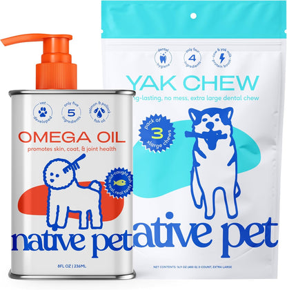 Native Pet Omega Oil for Dogs - Dog Fish Oil Supplements - 8 Oz & 3 XL Yak Chews for Dogs | Pasture-Raised and Organic Yak Cheese Himalayan Churpi Chews