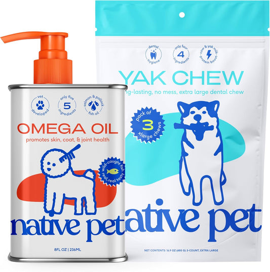 Native Pet Omega Oil for Dogs - Dog Fish Oil Supplements - 8 Oz & 3 XL Yak Chews for Dogs | Pasture-Raised and Organic Yak Cheese Himalayan Churpi Chews