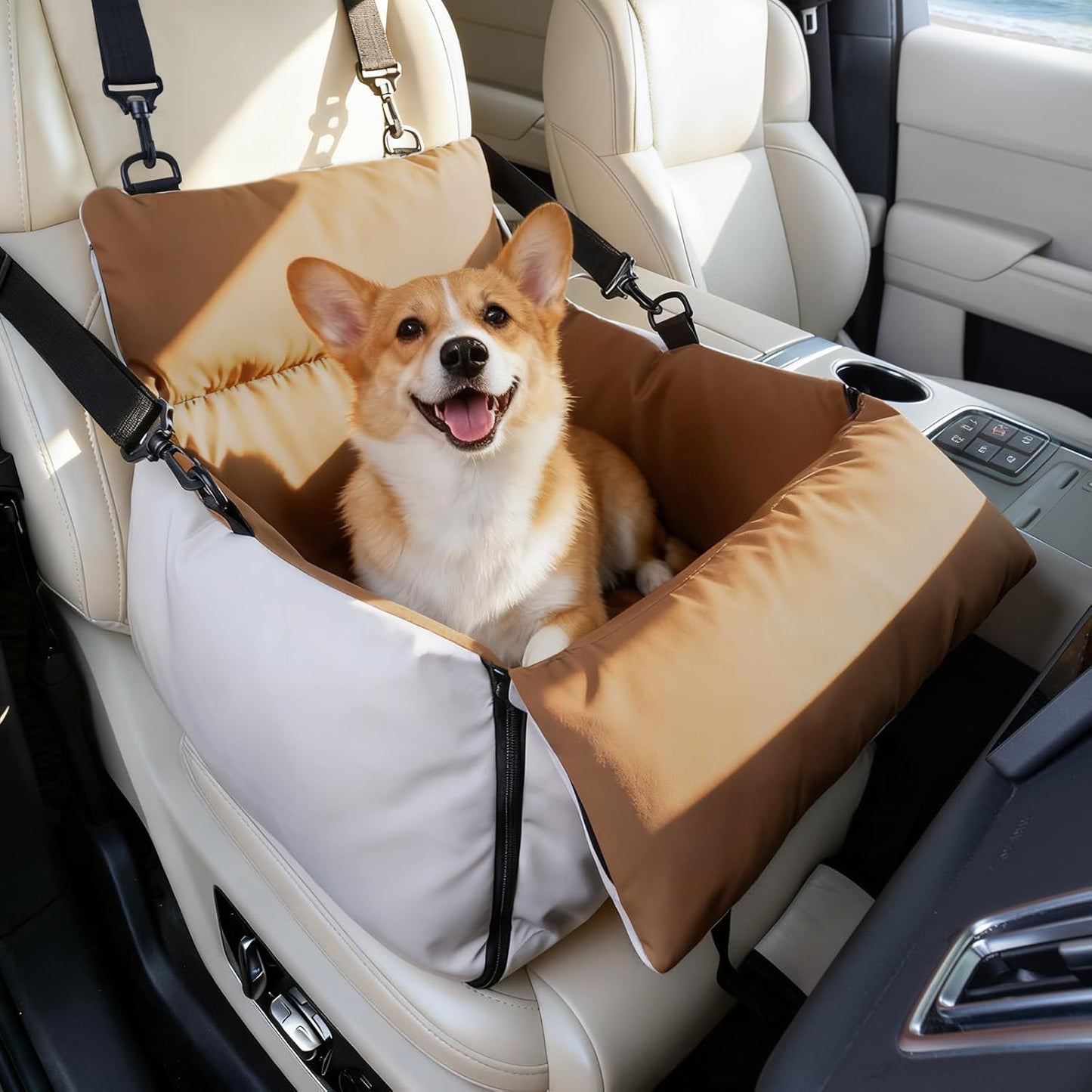 Dog Car Seats for Small Dogs, Waterproof Dog Booster Carseat with Storage Pockets, Thickened High Resilience Cotto & Clip-On Safety Leash, Pet Back Seat Puppy Travel Carrier Bed