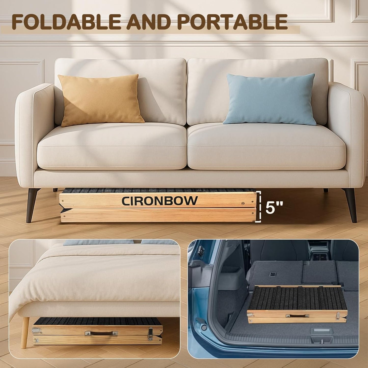 Upgraded Dog Ramp for Bed, Couch, Car, Foldable Pet Ramp, Non-Slip Pad & Safety Baffle-6 Adjustable Height 12" to 30", Portable Stable Pet Steps for Small & Medium Old Dogs & Cats