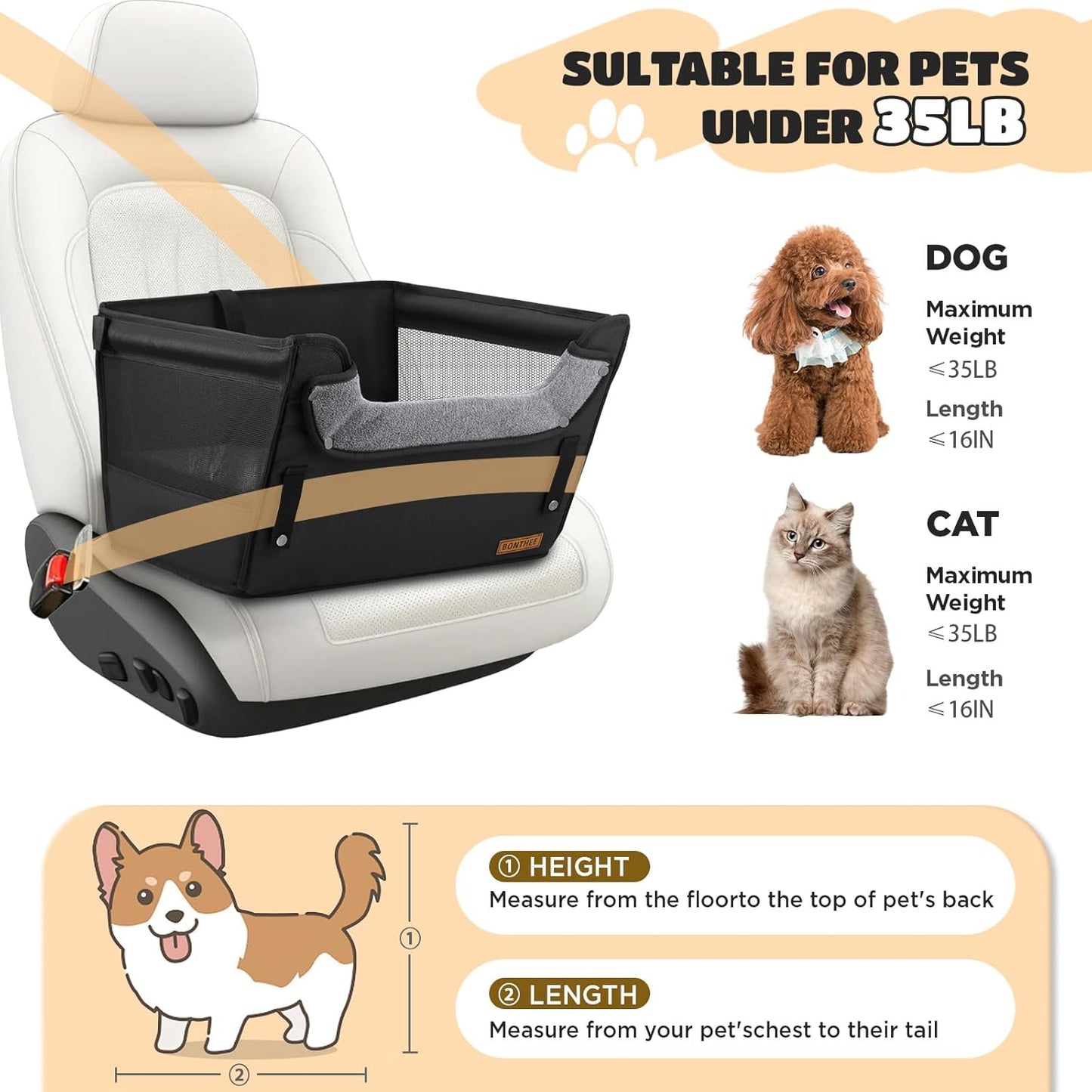 Elevated Dog Car Booster Seat for Dogs & Cats up to 35LB, 6-Inch Memory Foam Pet Booster Seat, Side Breathable Mesh,Portable Travel-Safe Bed for Cars,Elevated Car Seat for Small Medium Dogs