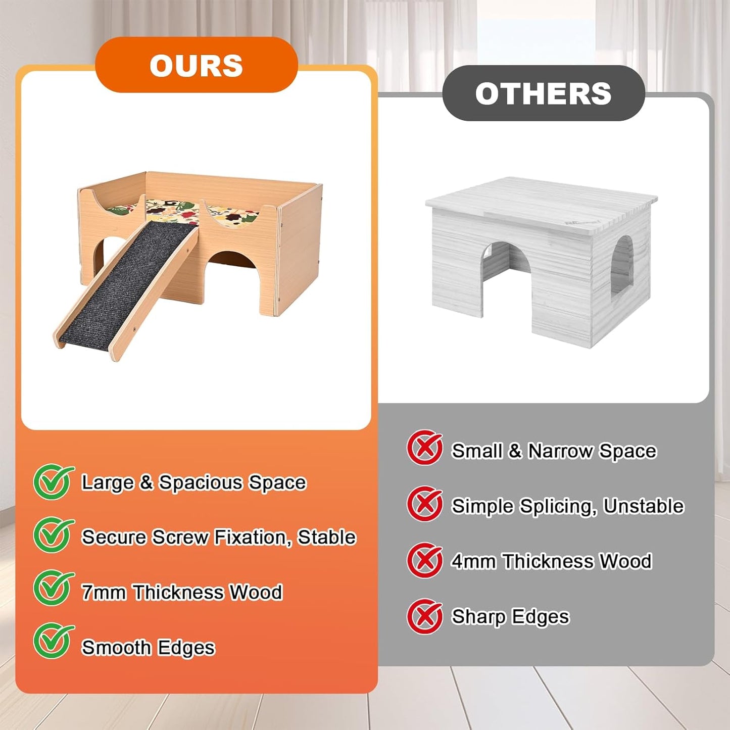 Wooden Guinea Pig Hideout, Multi-Cave Design Small Animal House, Guinea Pig Castle with Non-Slip Stairs and Double-Sided Mat