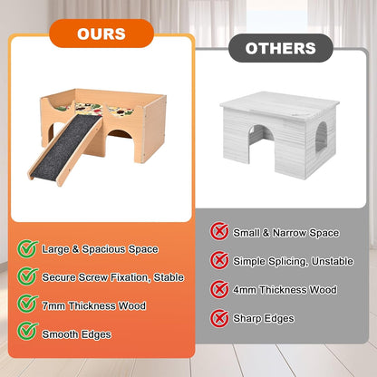 Wooden Guinea Pig Hideout, Multi-Cave Design Small Animal House, Guinea Pig Castle with Non-Slip Stairs and Double-Sided Mat