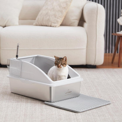 Stainless Steel Litter Box | XL Enclosed Cat Litter Boxes with Lid for Big Cats | High Sided, Anti-Urine Leakage | Non-Stick Bottom & Includes Litter Mat & Metal Scoop