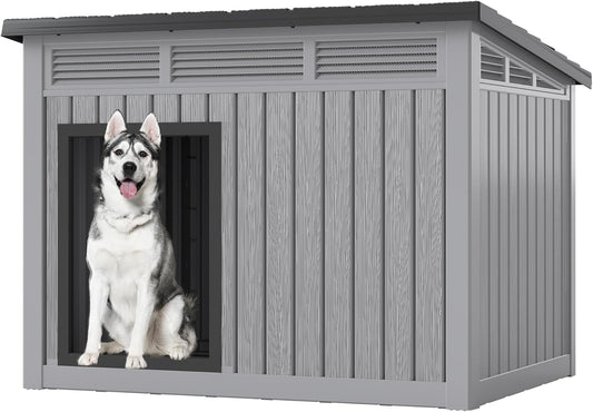 Fancyango Large Dog House for Indoor & Outdoor - Weatherproof & Removable Roof, Fits Small to Large Dogs (42.8" L x 33" W x 31.5" H) - Grey