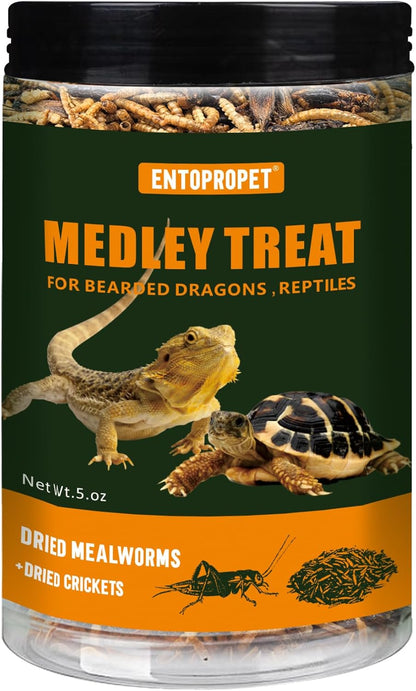 Dried Mealworms and Dried Crickets - Higher in Calcium and Richer in Protein-A Premium Medley Treat Food for Bearded Dragons,Turtles, Birds & Tropical Fish, 5oz