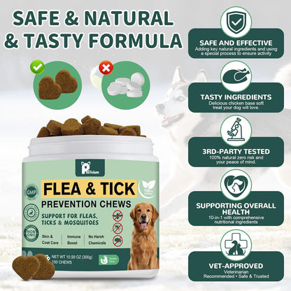 Dogs Flea and Tick Prevention Treatment Chewable, Natural Soft Chew for Fleas Ticks Treatment Support Supplement - Oral Flea Pills- Flea and Tick Chews - All Breeds & Sizes - 150 Soft Treats (Chicken)