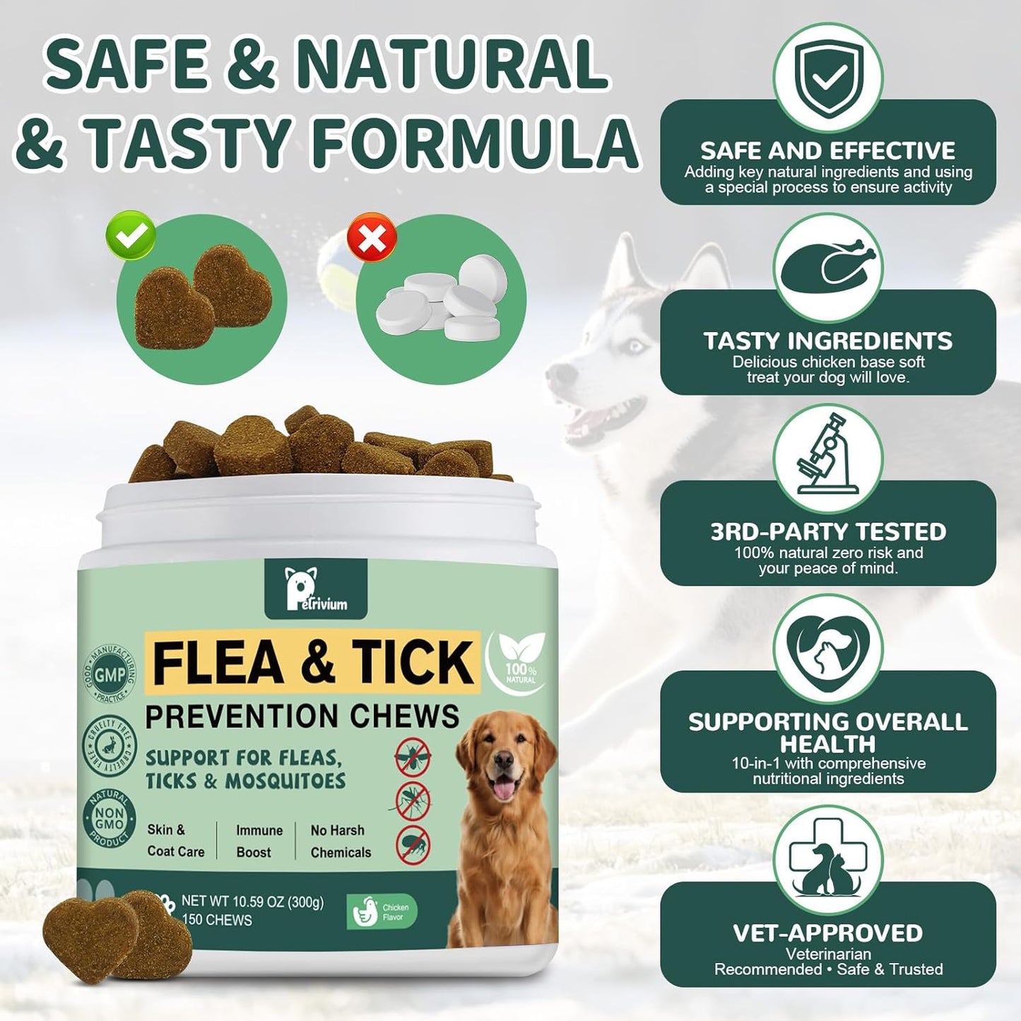 Dogs Flea and Tick Prevention Treatment Chewable, Natural Soft Chew for Fleas Ticks Treatment Support Supplement - Oral Flea Pills- Flea and Tick Chews - All Breeds & Sizes - 150 Soft Treats (Chicken)