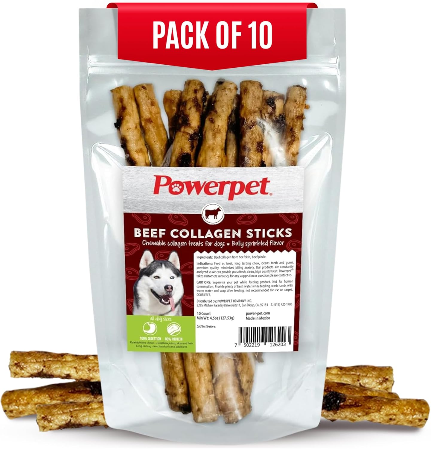 Powerpet Beef Collagen Sticks Soft Dog Chew - 100% Natural & Highly Digestible, High Protein, Low Fat, Rawhide-Free for Hip & Joint and Skin & Coat, Healthy Treats - Bully Sprinkled Flavor, Pack of 10
