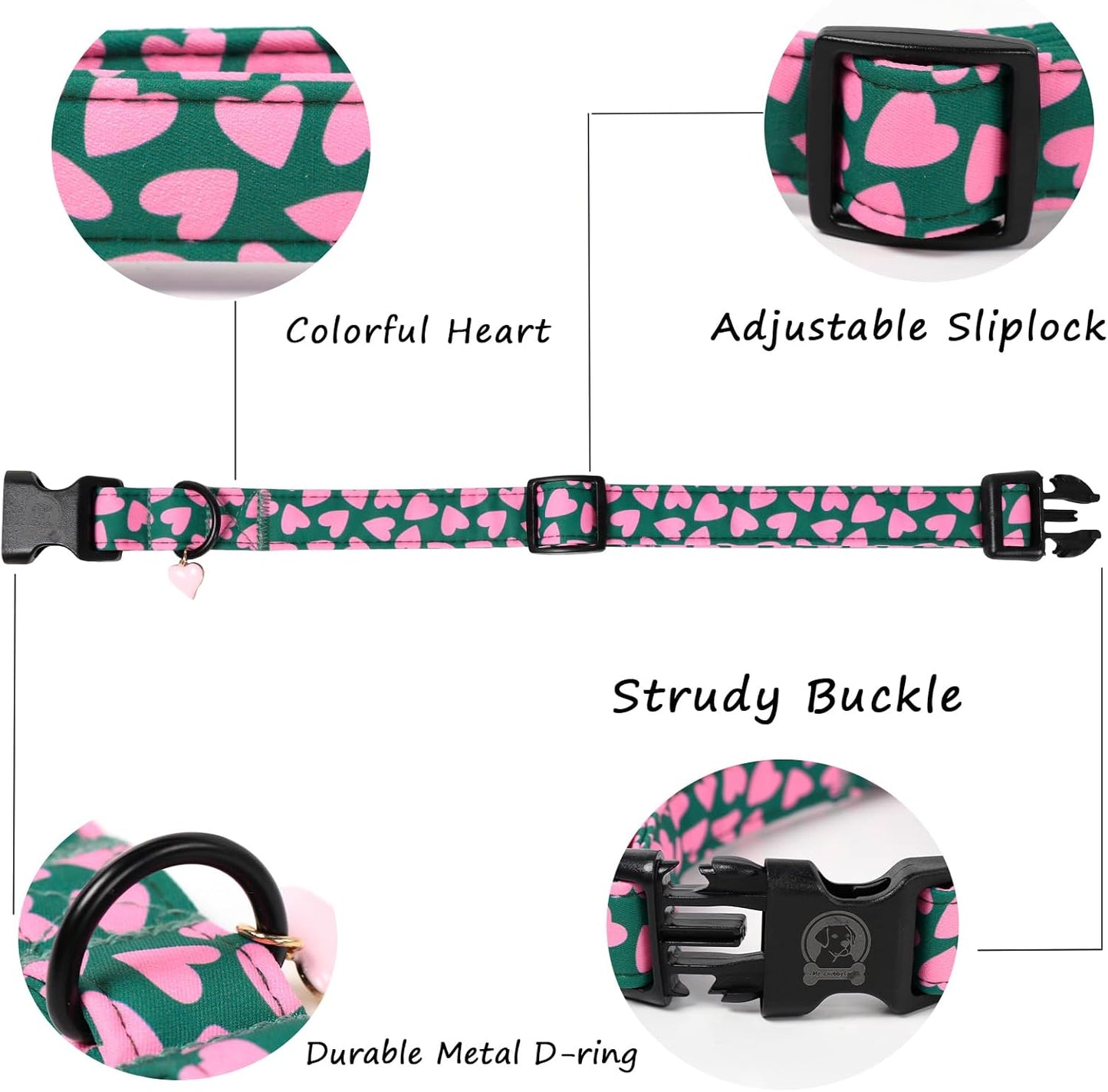 Valentines' Green Dog Collar, Cute Pink Heart Puppy Collar, Adjustable Female or Male Cotton Pet Collar, Quick Release Buckle for Small Medium Large Dog