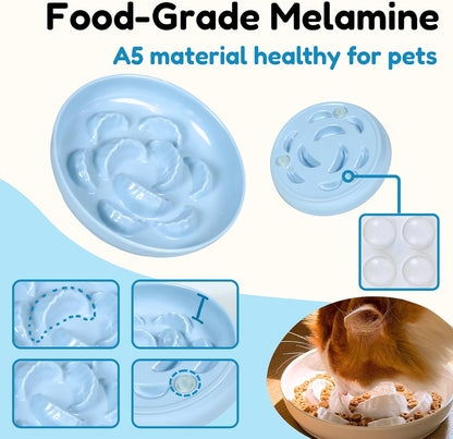 Unbreakable Slow Feeder Bowl for Cats and Small Dogs - Set of 3 Melamine Puzzle Cat Plates for Wet & Dry Food- Whisker Friendly & Dishwasher Safe & Non Slip Design (Blue + Green +White *3, 6.3''W)