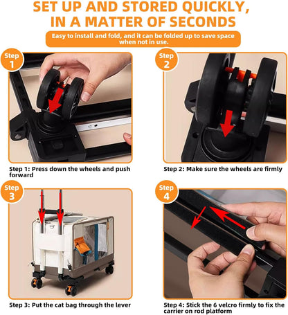 Large Cat Carrier with Wheels for 2 Cat, Double Rolling Pets Carrier on Wheel, Folding Soft-Sided Carriers with Telescopic Handle, Shoulder Strap Removable Soft-Sided Bag for Car, Vet, Outing