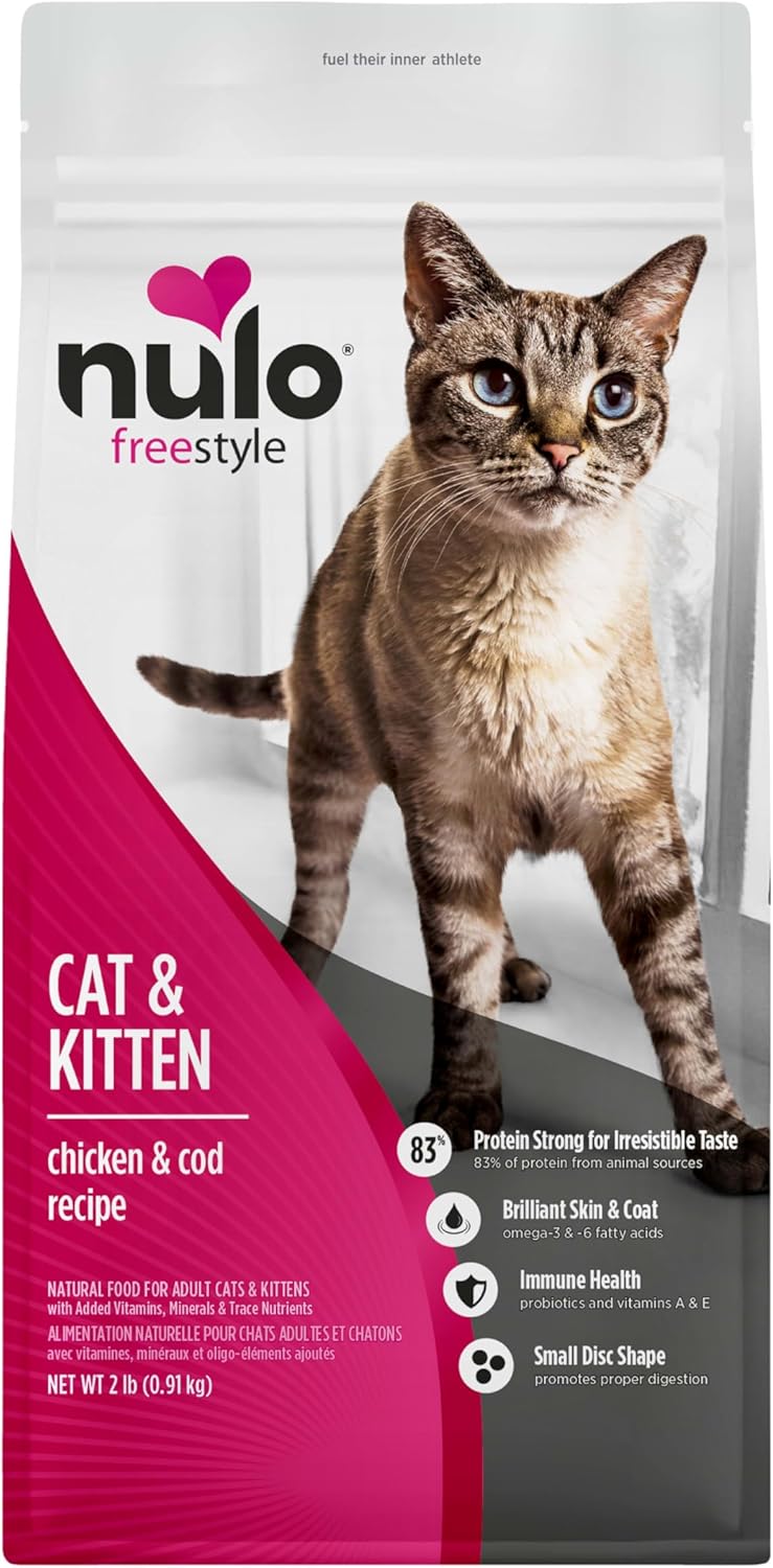 Nulo Freestyle High Protein Cat & Kitten Food, Chicken & Cod Recipe - Natural Grain-Free Dry Cat Food with Omega Fatty Acids & Probiotics, 2 lb Bag