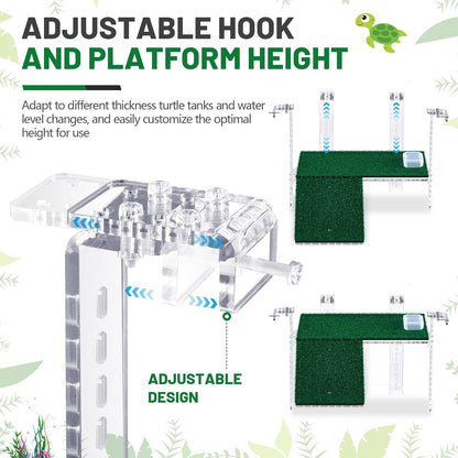Adjustable Hanging Turtle Basking Platform with Artificial Grass 11 x 5.7 Inch Sturdy Acrylic Aquatic Reptile Ramp Dock Fits 0.3"-2" Thick Tank Salamander Frog Turtle Tank Accessories