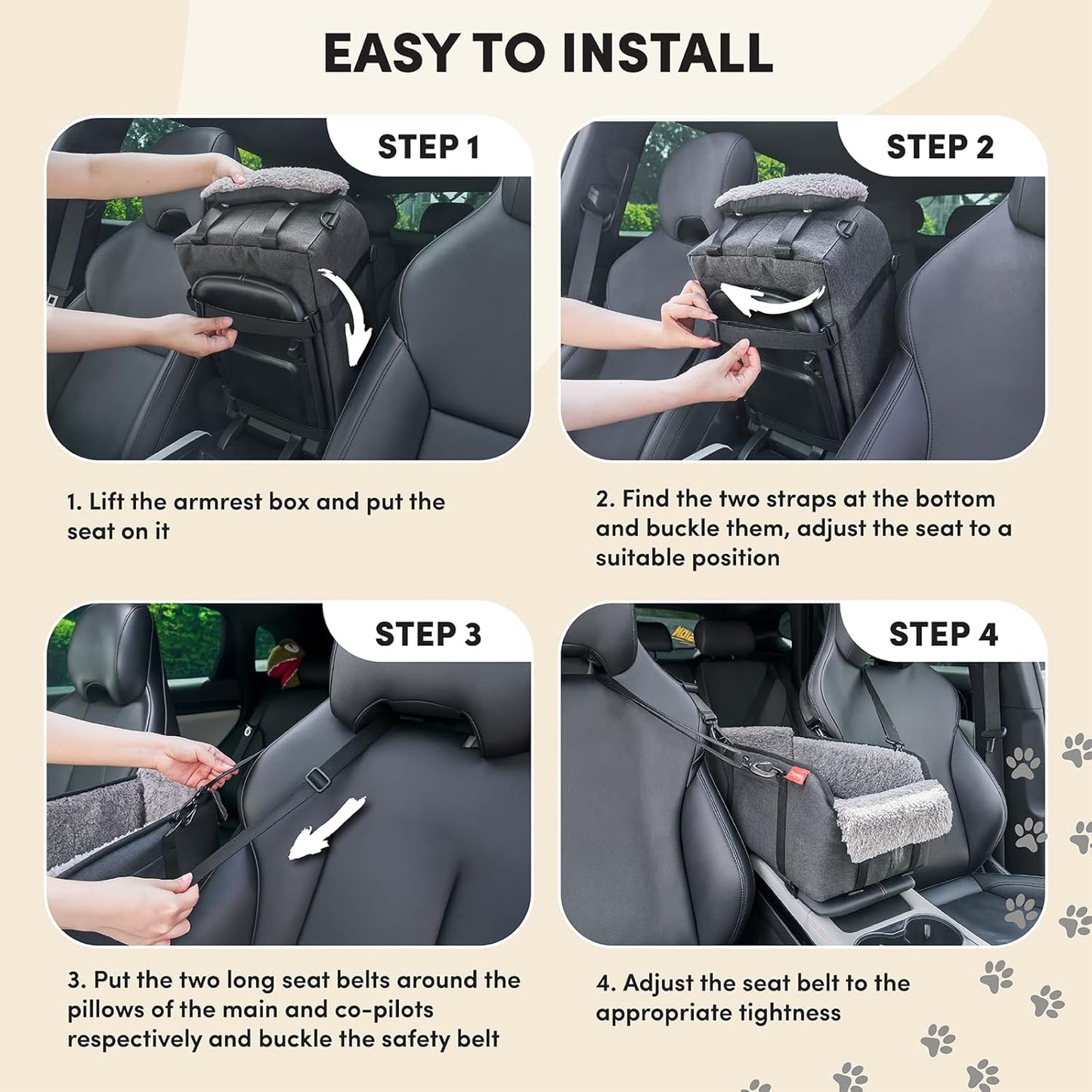 BurgeonNest Center Console Small Dog Car Seat - Portable Pet Cat Puppy Booster Armrest Carseat Up to 11lbs, Anti-Collapse Comfort Car Travel with Washable Fluffy Cushion and Pillow, Grey