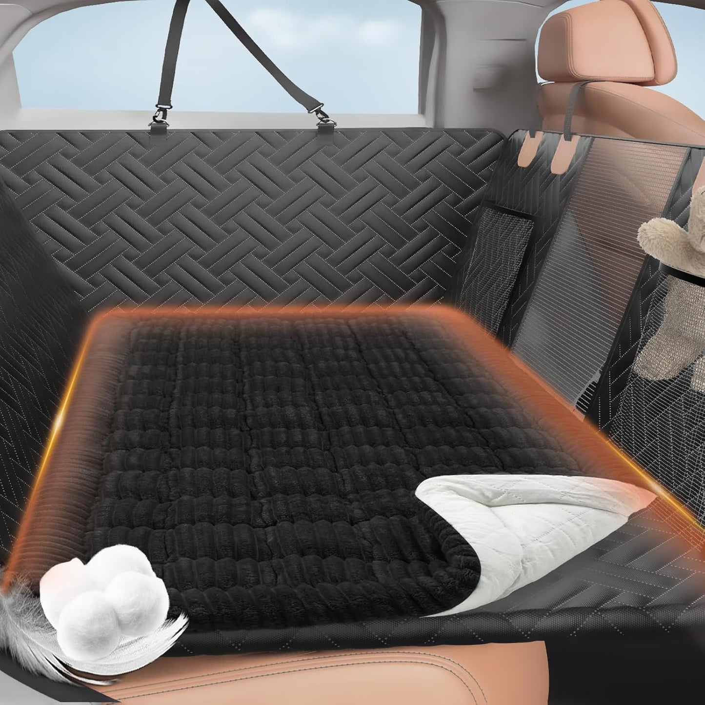 Backseat Pet Bed Mat, Deluxe Dog Seat Covers,Truck Plaid Dog Bed for Car Back Seat, Non-Slip Travel Pet Mat, Back seat Extenders for Car/SUV (for L-Black)