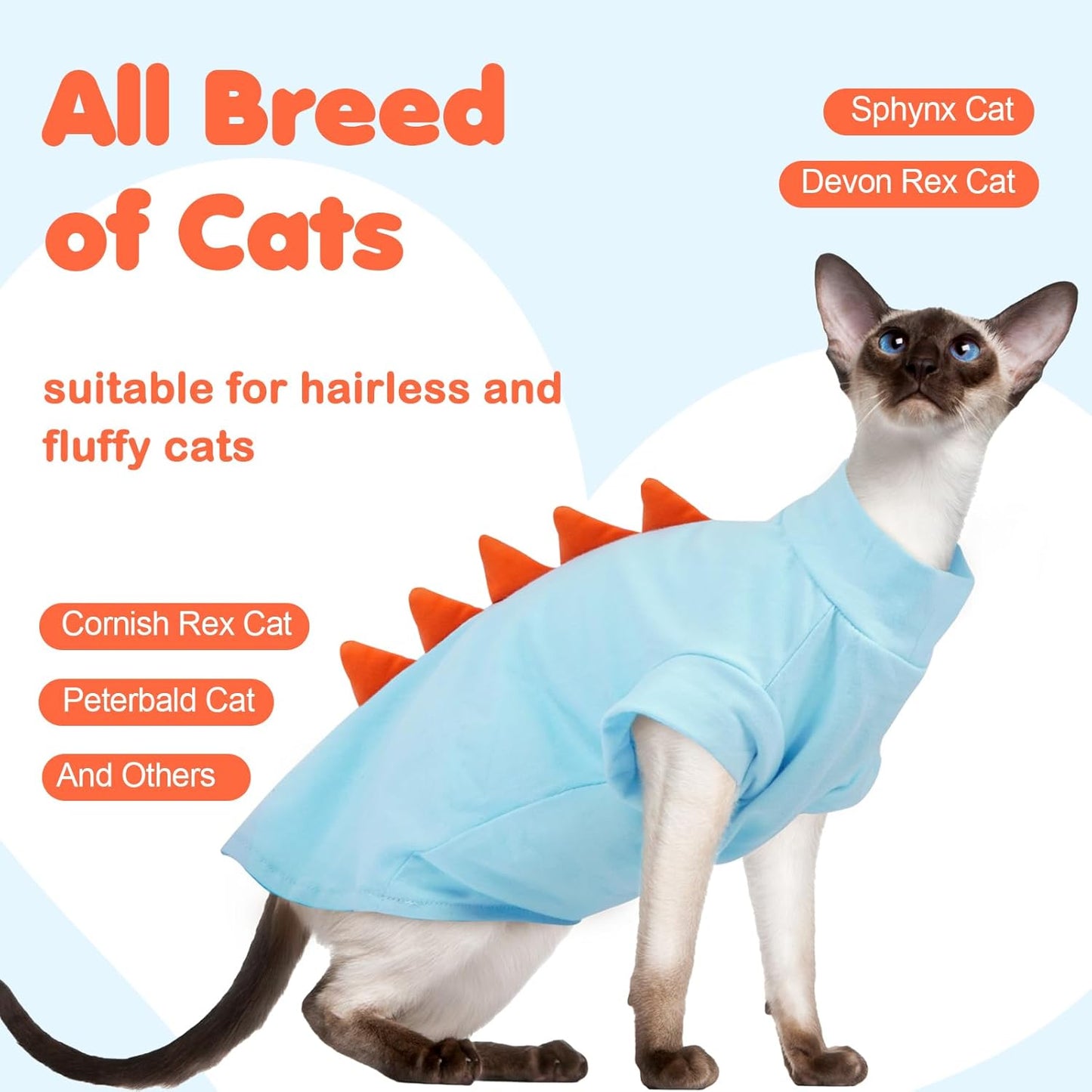 DENTRUN Sphynx Cat Clothes, Cute Dinosaur Design Hairless Cat Costume, Breathable Cotton Shirts Cat Clothes for Cats Only, Round Collar Kitten Daily T-Shirts with Sleeves, Cats Funny Cosplay Apparel