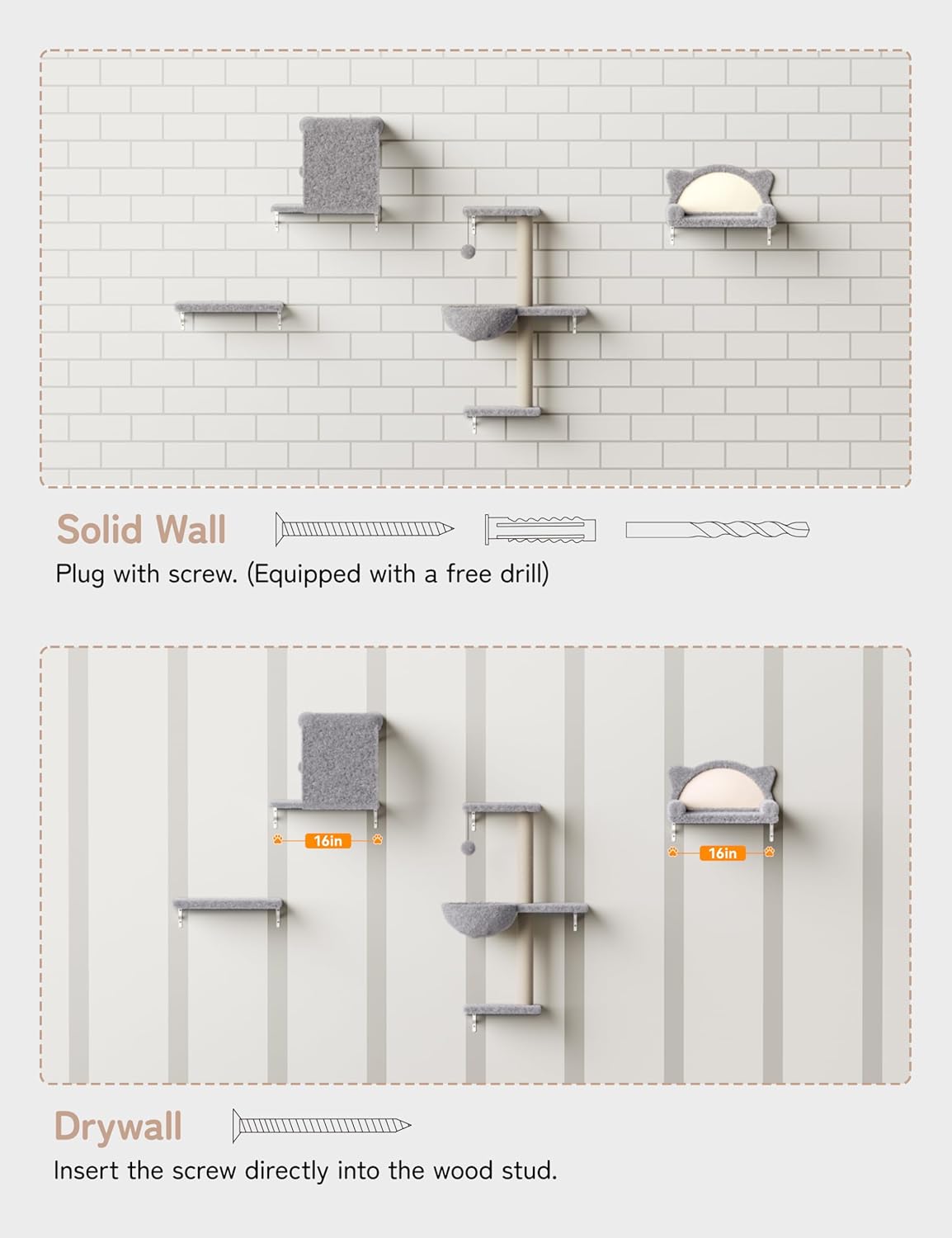 5-in-1 Cat Wall Shelves, Solid Wood & Velvet & Sisal Scratcher, 44lbs Max Load, Wall Mounted Cat Furniture for Climbers, Cat Climbing Wall System, Fits Drywall & Solid Walls - Light Gray