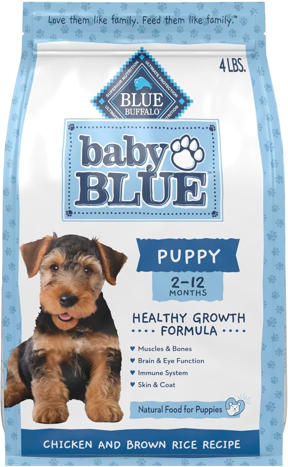 Blue Buffalo Baby Blue Natural Dry Food for Puppies, Healthy Growth Formula with DHA, Savory Chicken Recipe, 4-lb Bag