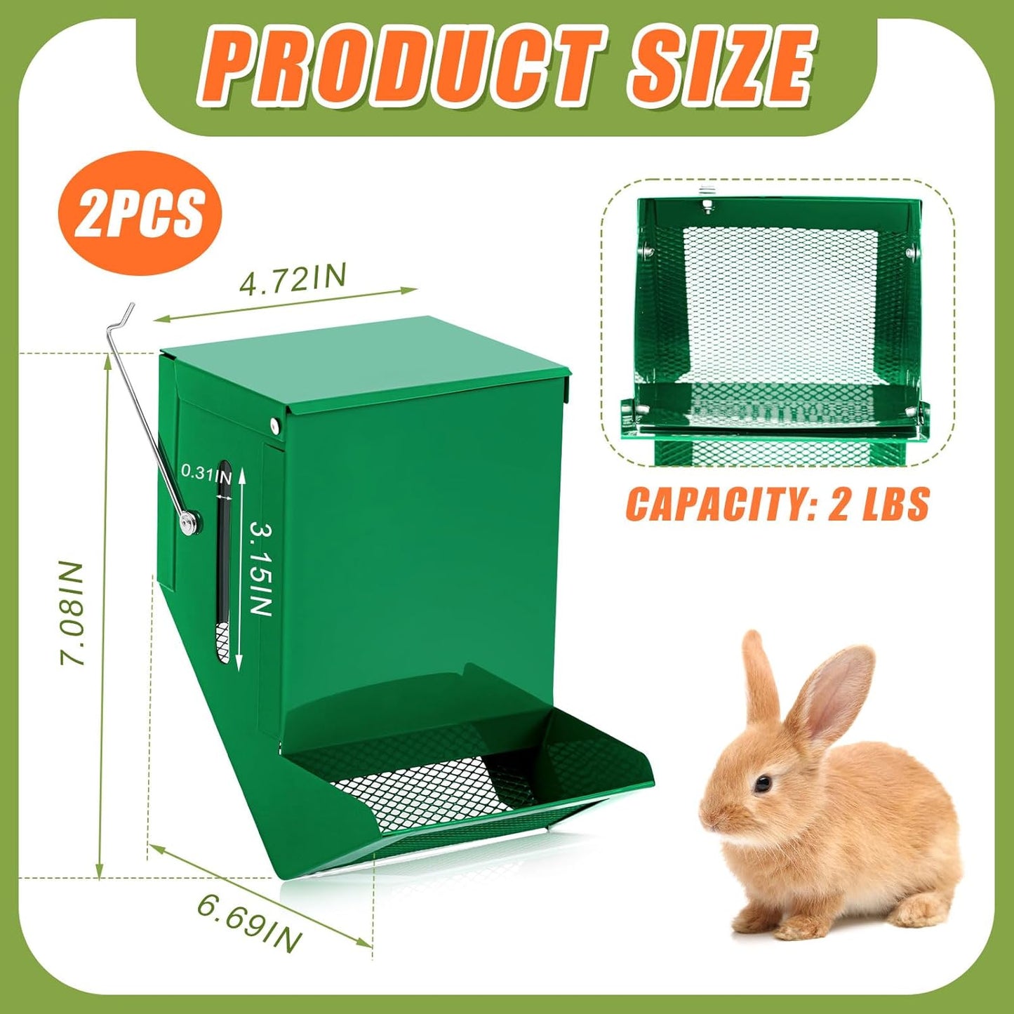Maxcheck 2 Pcs Rabbit Feeder for Cages Small Animal Food Dispenser with Lid Metal Chicken Grit Oyster Shell Feeders Outside (4.7 Inches,Viewing Window,Green)