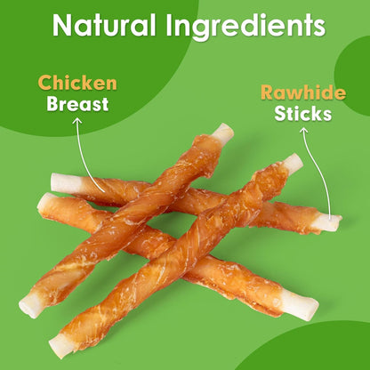 MON2SUN Dog Treats, Rawhide Twist Chicken Hide Sticks, Suitable for Puppy and Small Dogs, 5 Inch (Chicken, 14.11 oz)