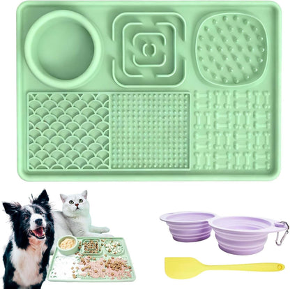 Licking Pad Mats 6 in 1 Green for Butter Yogurt Peanut Frozen Food, Dog Slow Feeder Puzzle Bowl, Silicone Anti-Slip Pets Treats Feeding Mat, Collapsible Dog Water Bowl