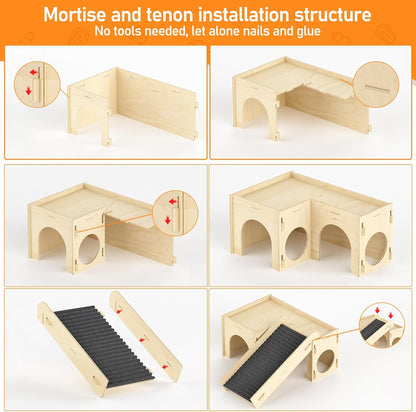 Guinea Pig Hideout House, Basic Large Wooden Hamster Hideout with Climbing Ladder & Rest Zone, Bunny Castle Tower Toy for Guinea Pig Chinchilla Gerbil Hedgehog Small Animal House Habitat Hut