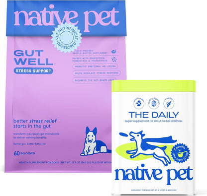 Native Pet Stress Support & Multivitamin Bundle: GutWell Stress Support - Dog Anxiety Relief & Dog Vitamins & Supplements - 11-in-1 Multivitamin Powder Food Topper for Overall Health - 60 Scoops