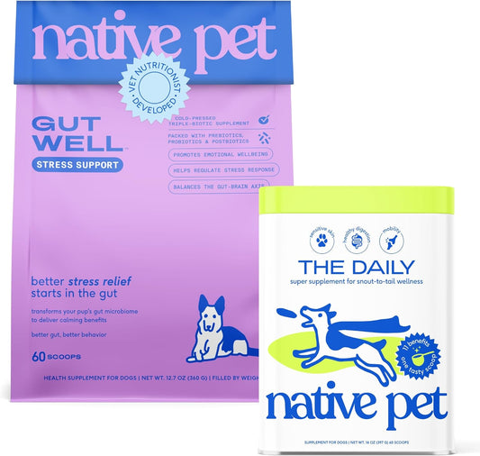 Native Pet Stress Support & Multivitamin Bundle: GutWell Stress Support - Dog Anxiety Relief & Dog Vitamins & Supplements - 11-in-1 Multivitamin Powder Food Topper for Overall Health - 60 Scoops