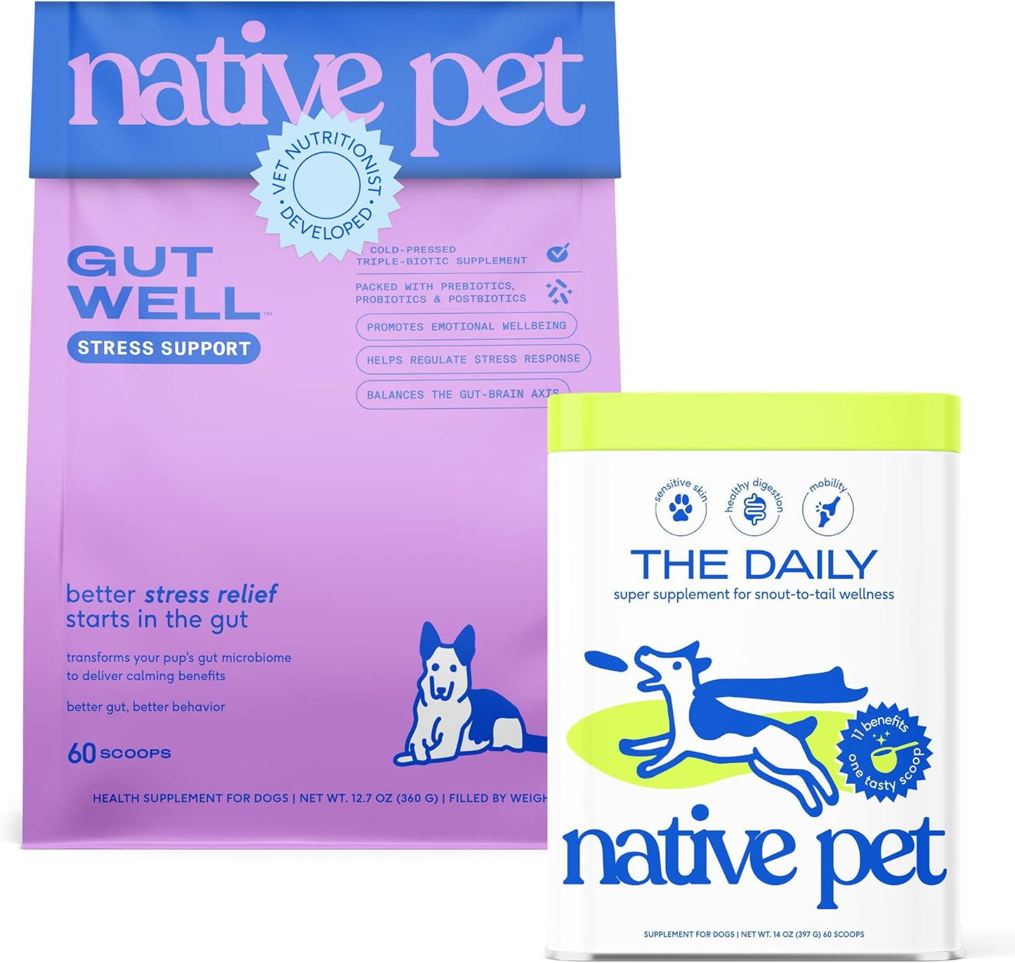 Native Pet Stress Support & Multivitamin Bundle: GutWell Stress Support - Dog Anxiety Relief & Dog Vitamins & Supplements - 11-in-1 Multivitamin Powder Food Topper for Overall Health - 60 Scoops