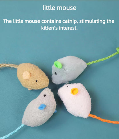 Plush Interactive Cat Toy Mouse Set, White and Brown Catnip Mice with Rope Tail, 3.94 Inch Length, Indoor Pet Entertainment Toys