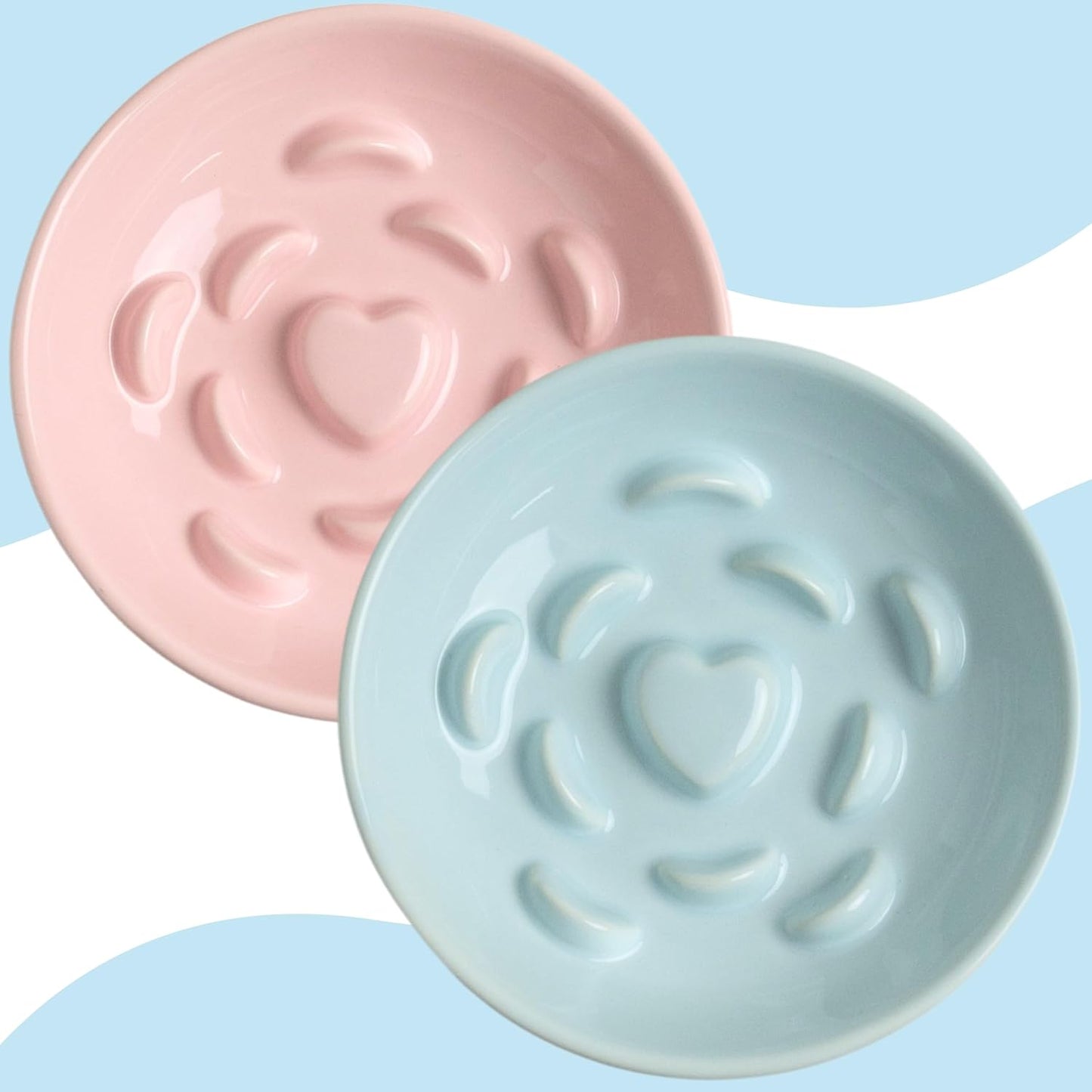 2 Pack Ceramic Slow Feeder Cat Bowl, Raised Puzzle Feeder, Anti-Vomiting, Elevated Food Bowl, Whisker Friendly (Blue, Pink)