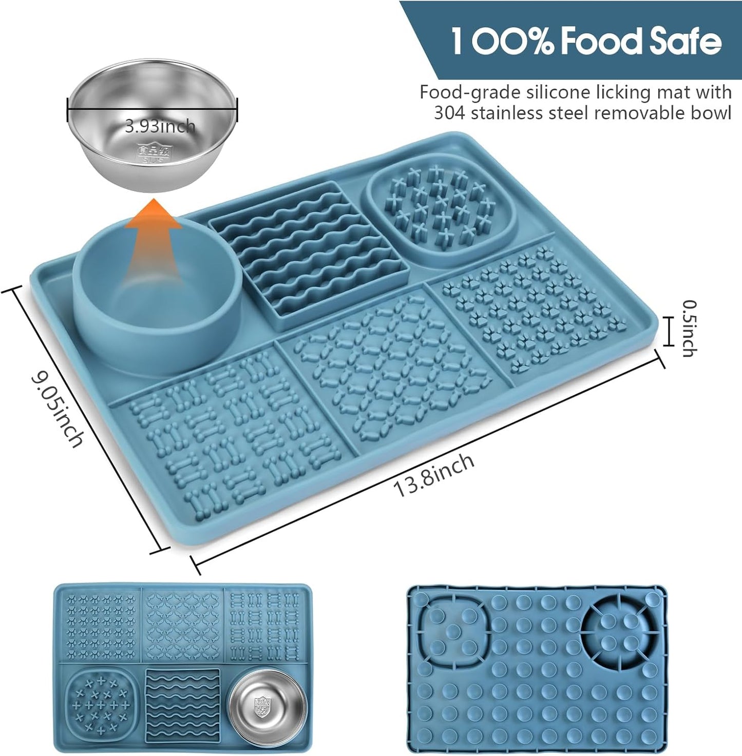 Dog Lick Mat for Small Dogs Cats, 13.8 x 9 Inches Silicone Slow Feeder Dog Licking Mat with Bowls, Peanut Butter Feeding Mat for Anxiety Relief, Reduce Boredom, Improve Eating Habit (Blue)